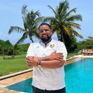 Blog 7 Chef Jorge Mercado, Executive Chef at Carambola at the Blue restaurant in Vieques, Puerto Rico, standing poolside at Blue Horizon Boutique Resort